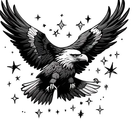 eagle (Mexican national symbol, also Aztec) in flight, feathers blending into stars  tattoo design idea