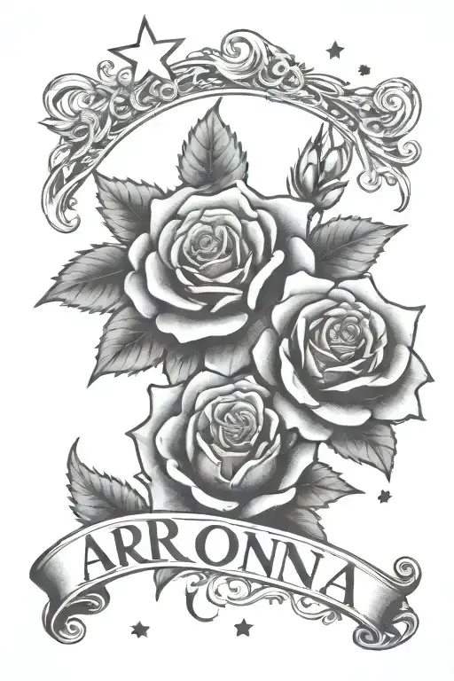 The name Aronna in Cursive going vertically with roses around it and stars around tattoo design idea