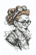tattood vet tech pinup, scrubs, red hair, messy bun, headband, bites, glasses, nose pierced, id badge, bandaid, nails tattoo design idea