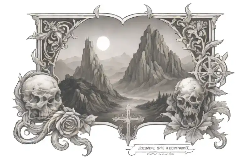 Shadow of the Valley of Death Catholic cross on mountain tattoo design idea