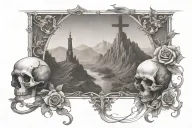 Shadow of the Valley of Death Catholic cross on mountain tattoo design idea