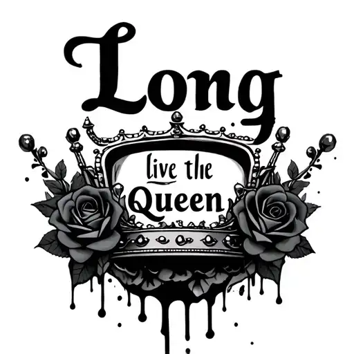 "Long live the queen" Black melting queen crown  with blac roses around the crown tattoo design idea