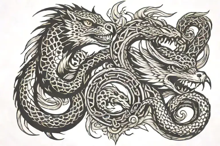 falcon, cheetah, dragon & snake intertwined symbolizing the client's tattoo design idea