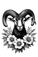 Aries ram head surrounded by flowers tattoo design idea