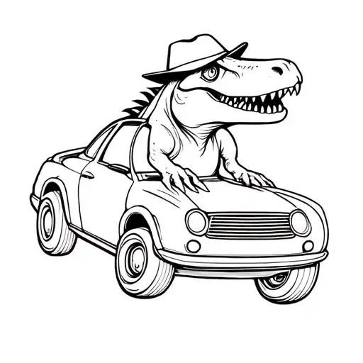 Trex with hat driving a car driving tattoo design idea