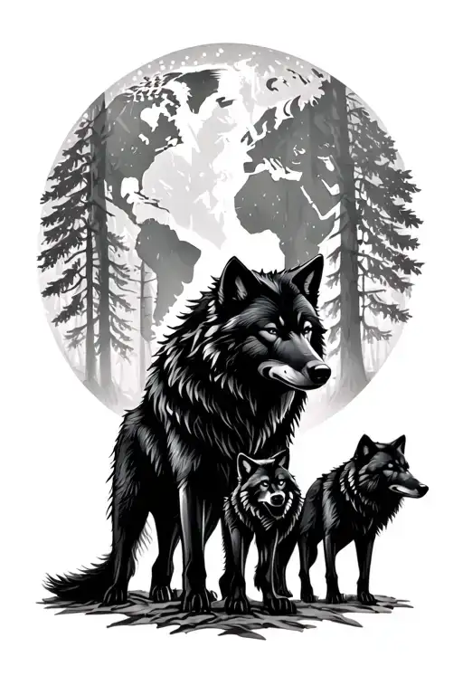Three black wolves symbolizing a father and two sons in the forest with the world son of wolf in the background tattoo design idea