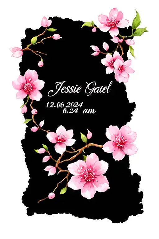 "Jessie Gael 12-06-2024 6:23 am" black and white baby hand print with a few pink cherry blossoms tattoo design idea