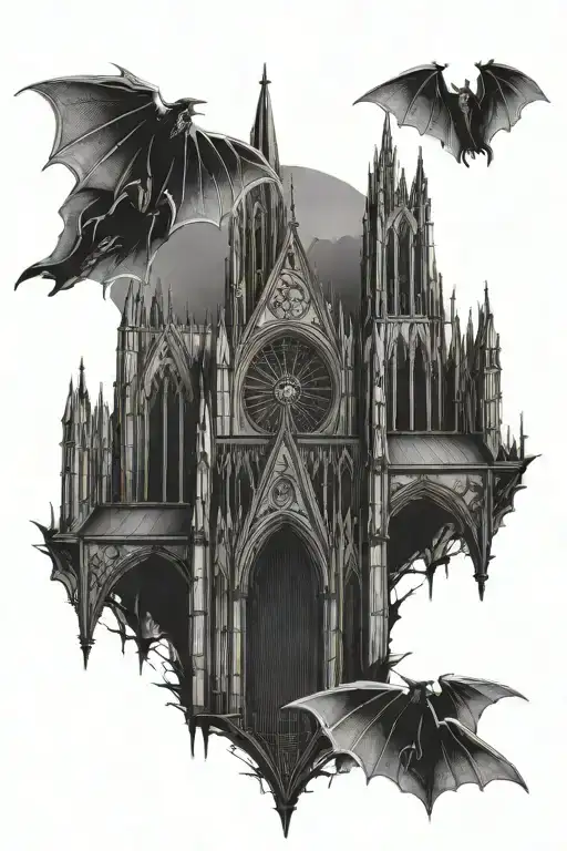 gothic cathedral with bats tattoo design idea