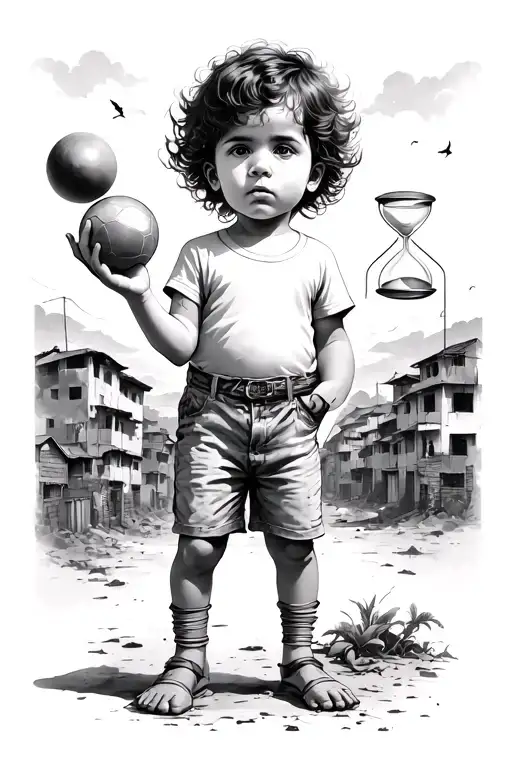 child in the favelas with ball in hand and hourglass in the sky tattoo design idea