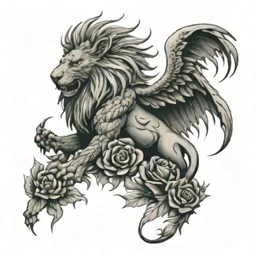a full lion with phoenix wings on its back, add a dragon tail and a thorny rose  tattoo design idea