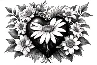 Arm tattoo real heart with a daisy flower , a sweat pea flower , a morning glory flower , a water lily flower and a chry tattoo design idea