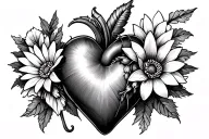 Arm tattoo real heart with a daisy flower , a sweat pea flower , a morning glory flower , a water lily flower and a chry tattoo design idea