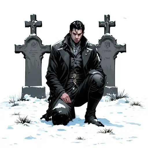 A serious-looking man, dressed in dark clothing, kneeling in the snow in front of two gravestones in a snow-covered ceme tattoo design idea