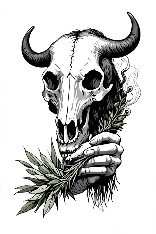 bison skull and skull hand holding smoking sage bundle black white  tattoo design idea