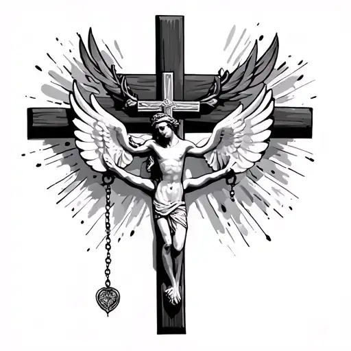 crucifix 3 crosses, rosary hands, dove tattoo design idea