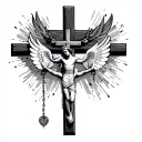 crucifix 3 crosses, rosary hands, dove tattoo design idea