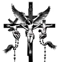 crucifix 3 crosses, rosary hands, dove tattoo design idea