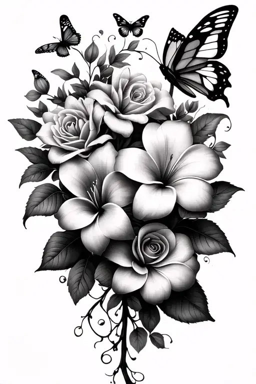 Vine & Butterfly Flow (lilies, plumeria, roses, butterflies, intertwining vines). stem going down my spine. tattoo design idea