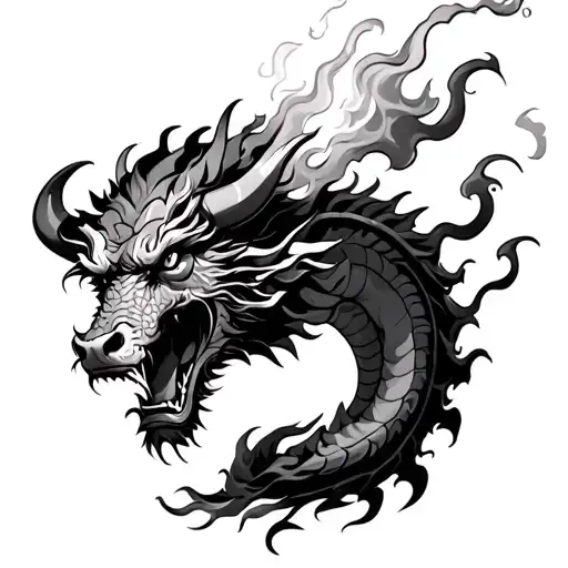 bull vs chines dragon breathing fire tattoo design idea