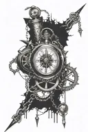 a broken clock and a broken compass connected by a chain tattoo design idea