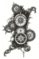 a broken clock and a broken compass connected by a chain tattoo design idea