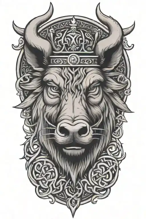 boar head with crown with sword and wings with a celtic trinity knot background tattoo design idea