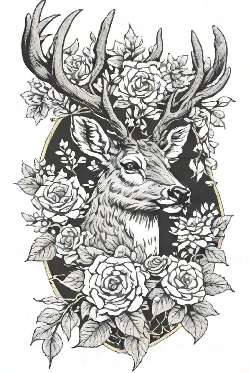 deer head flowers surrounding tattoo design idea