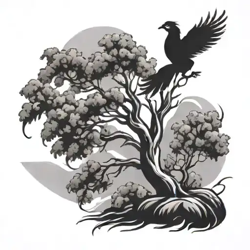 lebanese cedar tree with phoenix rising from ashes tattoo design idea