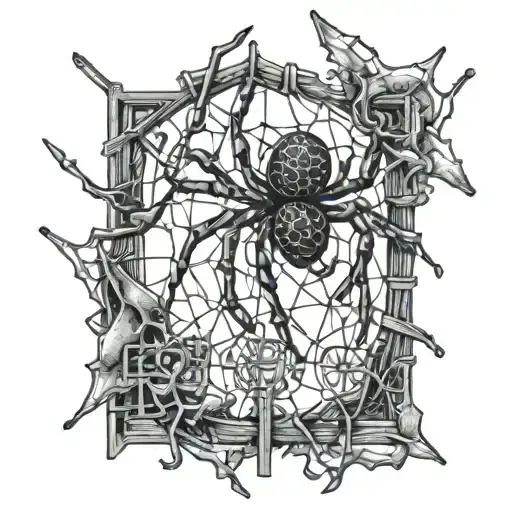 An abstract representation of a spider intertwined with cybersigilism symbols on a fence tattoo design idea