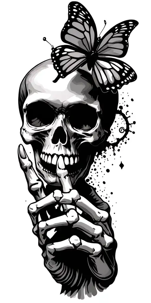skull with butterfly over eyes and skeleton finger shhh at mouth  tattoo design idea