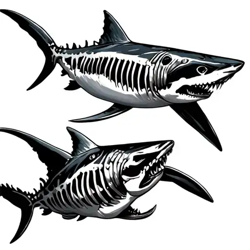 two skeleton sharks swimming tattoo design idea