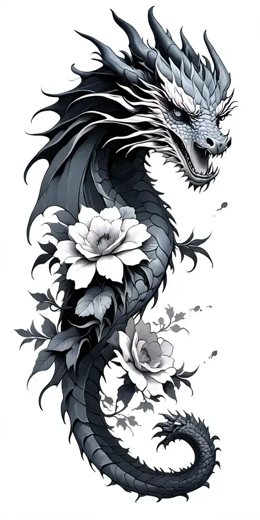 Dragon and flowers with air waves tattoo design idea