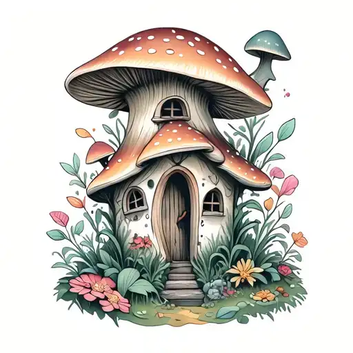 fine line tattoo fairy mushroom house with gnome garden tattoo design idea