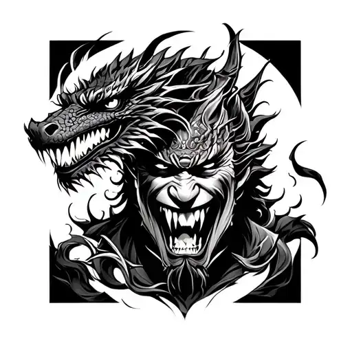 “The samurai’s head is in the foreground, with the dragon coiling around him. A vampire with sharp fangs and glowing eye tattoo design idea