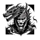 “The samurai’s head is in the foreground, with the dragon coiling around him. A vampire with sharp fangs and glowing eye tattoo design idea