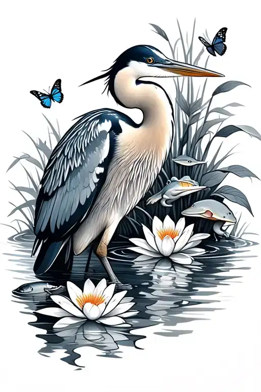 blue heron standing in water, koi fish, water lillies, flowers, frogs, and butterflies tattoo design idea
