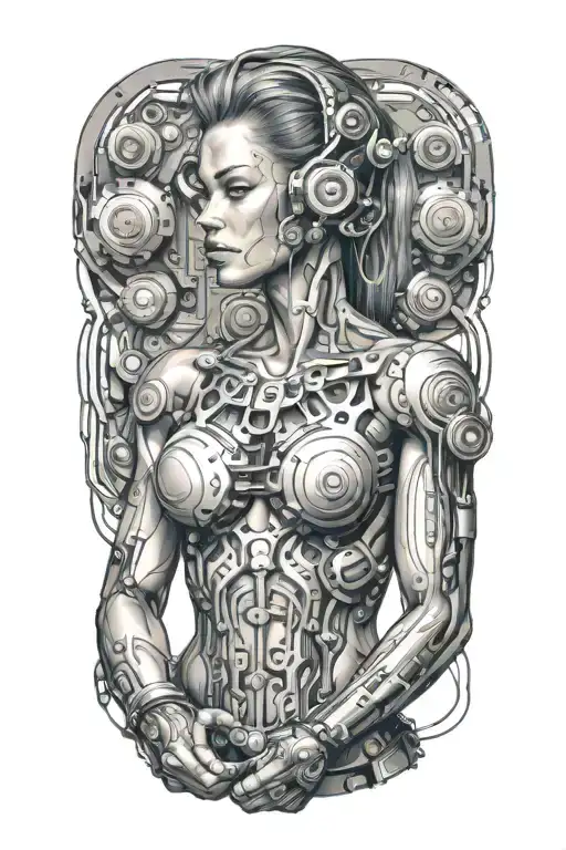 bodybuilder muscular women with technology circuits vectors merging tattoo design idea