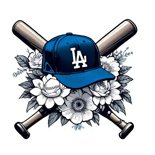 LA Dodgers with floral, baseball cap, baseball glove, and baseball bat tattoo design idea