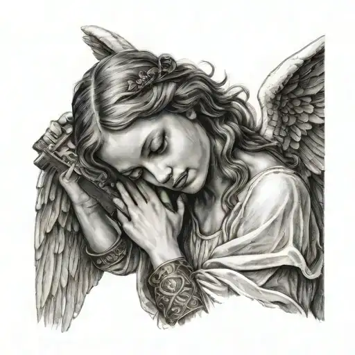 women angel holding cross tattoo design idea