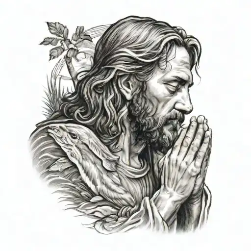 jesus praying, land, sea, animals tattoo design idea
