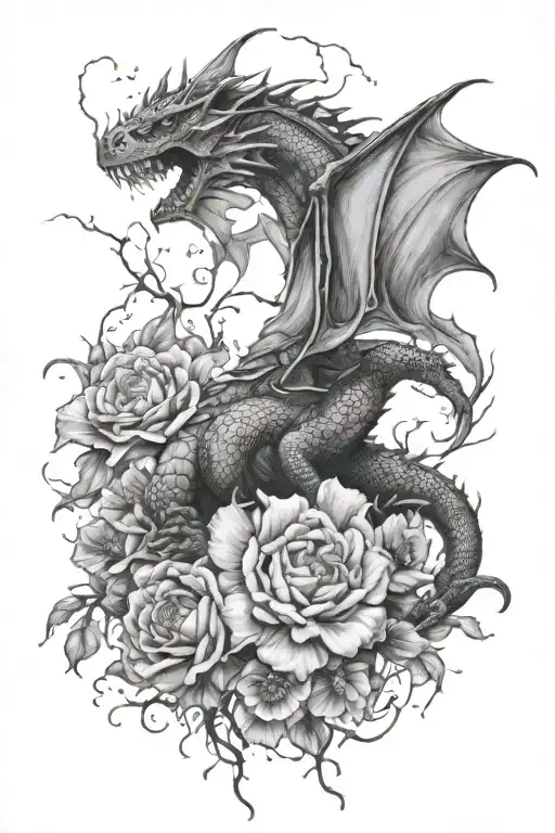 Dragon flying through flowers and lightning and rain in black and white tattoo  tattoo design idea