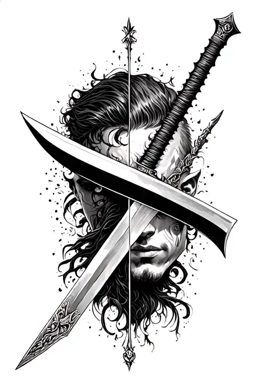 sword, divided face man and boy tattoo design idea