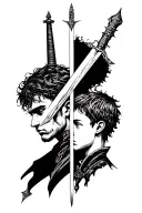 sword, divided face man and boy tattoo design idea