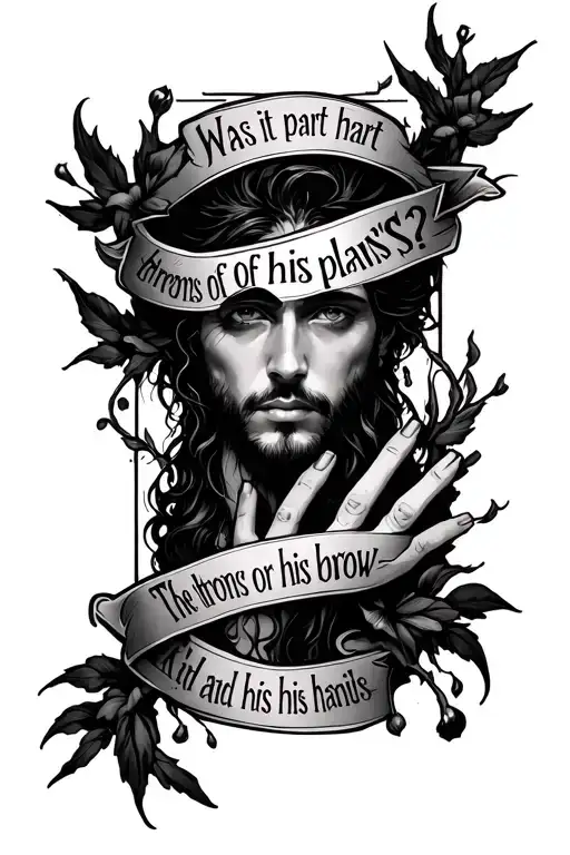 Thigh Tattoo with the quote 'Was it all a part of His plans? The thorns on His brow and the nails in his hands.' tattoo design idea