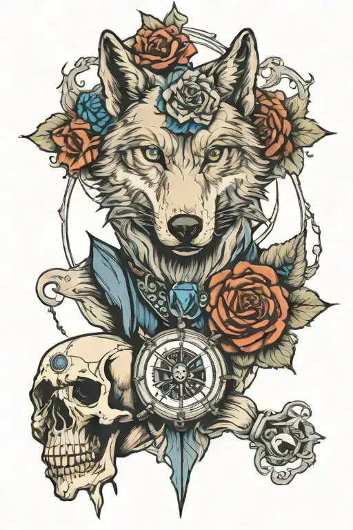 intimidating wolf holding a skull in its paws. there is a blue rose in the skull's eye sockets. compass behind the wolf. tattoo design idea