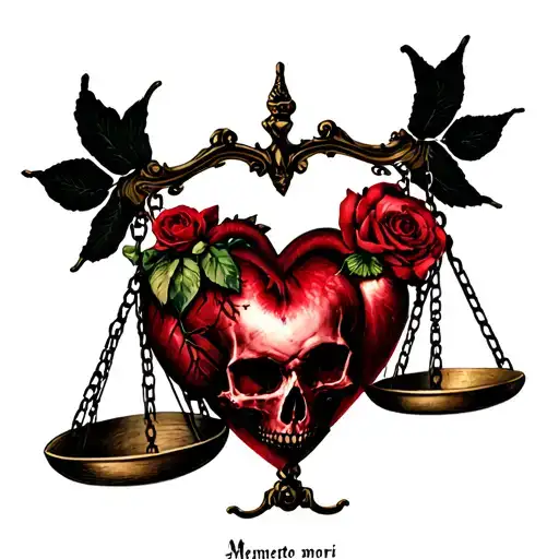 "Memento mori amor fati " scale weighing heart and skull  tattoo design idea
