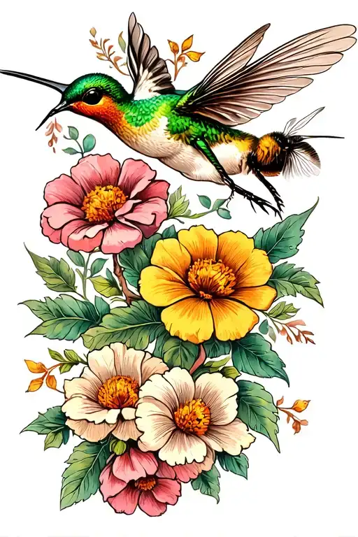 flowers bees hummingbird tattoo design idea