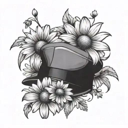 flat cap and daisy flower tattoo design idea