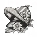 flat cap and daisy flower tattoo design idea