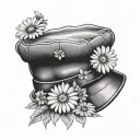 flat cap and daisy flower tattoo design idea